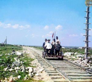 The photographer Sergey Prokudin-Gorsky, an official and four railway workers riding on a railroad handcar outside Petrozavodsk on the Murmansk railway, Russian Empire by Sergey Prokudin Gorsky